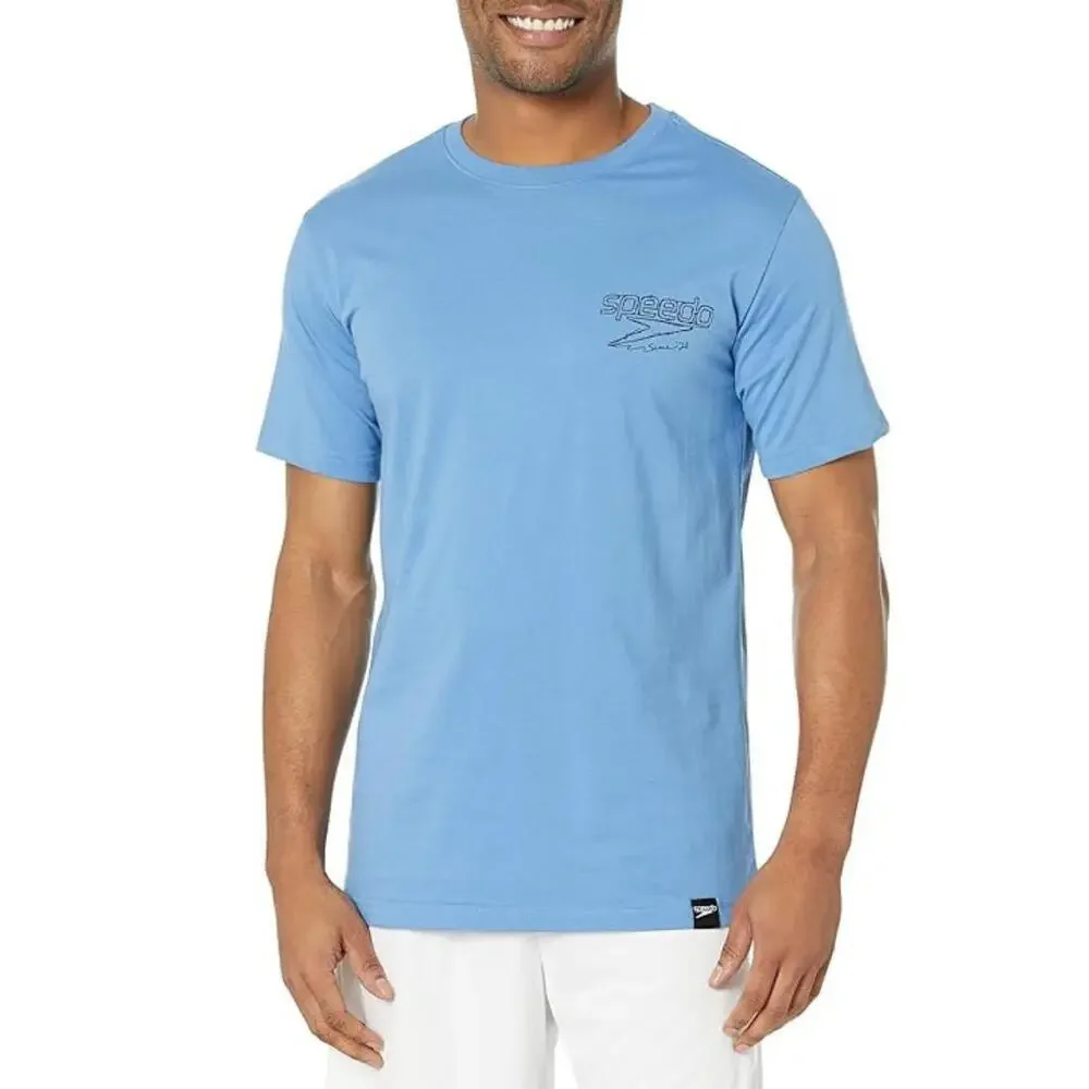 Speedo T-Shirt Men's Large Blue Graphic 100% Cotton Short Sleeve Swimwear RED759